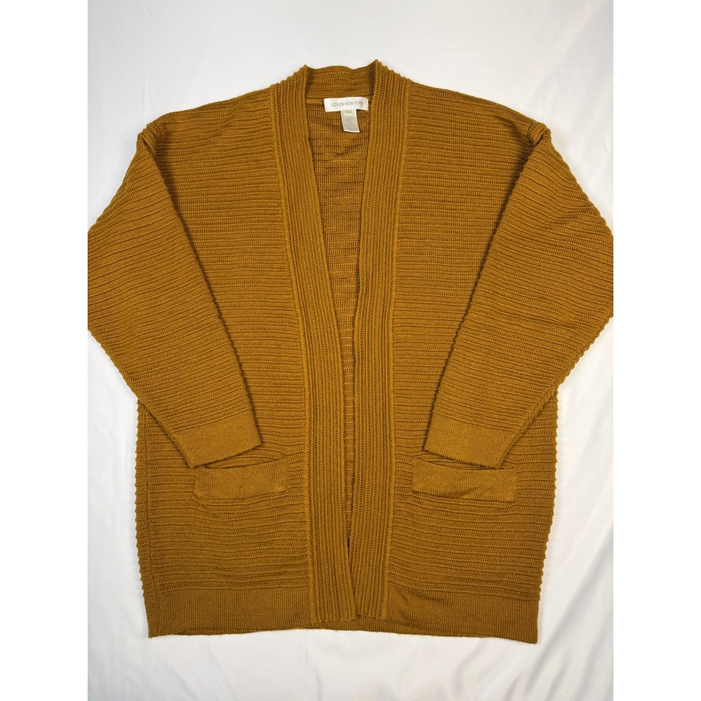 JONES NEW YORK Mustard Yellow Ribbed Knit Open Front Cardigan‎ Sweater Size L - Picture 4 of 8